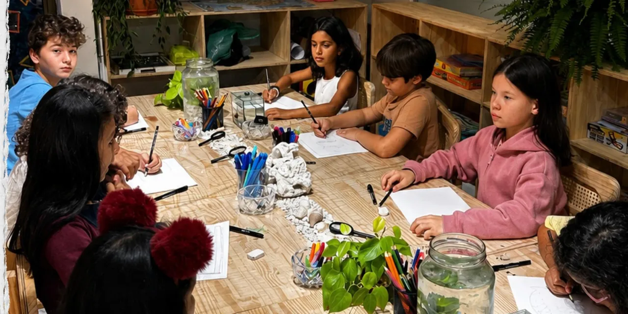 Crianças desenhando na mesa de projetos durante a oficina de aquarismo, com potes de plantas aquáticas