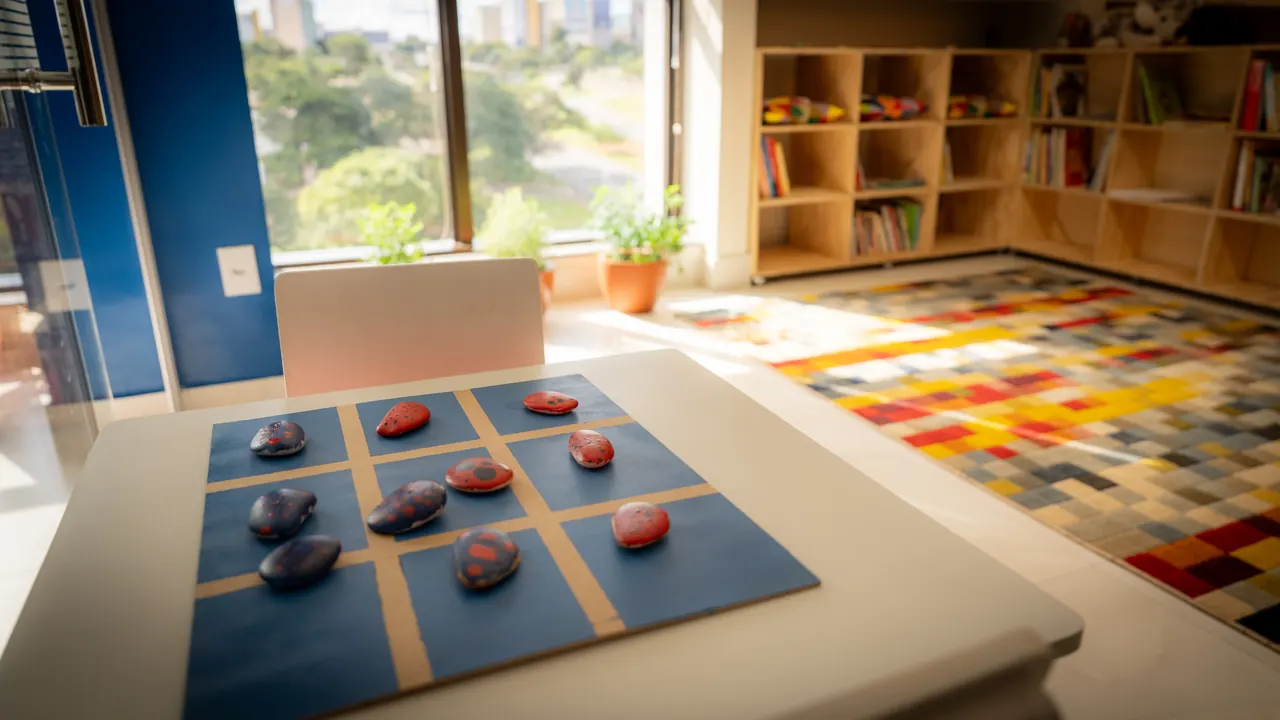 Tabuleiro de jogo da velha com pedras pintadas, ao lado do tapete colorido